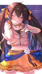 Rule 34 | 1girl, ahoge, asymmetrical gloves, beat shooter (idolmaster), belt, bike shorts, bike shorts under skirt, birthday, black hair, blue choker, blue sash, blurry, blurry background, bow, child, choker, closed eyes, closed mouth, cowboy shot, cropped jacket, dated, english text, fingerless gloves, frilled skirt, frills, gloves, glowstick, hair between eyes, hair bow, hands up, happy birthday, highres, holding, holding microphone, hood, hood down, idol, idol clothes, idolmaster, idolmaster cinderella girls, jacket, light blush, long hair, looking at viewer, matoba risa, microphone, midriff, multiple hair bows, navel, sash, sidelocks, skirt, sleeveless, sleeveless jacket, smile, solo, star (symbol), straight-on, straight hair, teeth, toya 0321, twintails, v, waist sash, white gloves, yellow bow, yellow trim, zipper