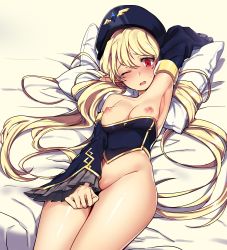 Rule 34 | 1girl, ;o, arm up, bare shoulders, black hat, black sleeves, blonde hair, blush, bottomless, breasts, collarbone, commentary request, covering crotch, covering privates, detached sleeves, elf, embarrassed, hair between eyes, hat, highres, long hair, looking at viewer, lying, medium breasts, mendou kusai, nipples, no panties, on back, on bed, one eye closed, open mouth, original, peaked cap, pointy ears, red eyes, shiny skin, sidelocks, small breasts, solo, tearing up, very long hair