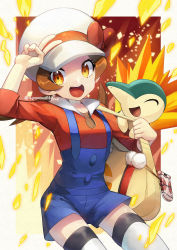 Rule 34 | 1girl, :d, blue overalls, bow, brown eyes, brown hair, cabbie hat, commentary request, creatures (company), cyndaquil, game freak, gen 2 pokemon, hat, hat bow, highres, long hair, lyra (pokemon), nintendo, open mouth, overalls, pokegear, pokemon, pokemon (creature), pokemon hgss, red bow, red shirt, shirt, smile, teeth, thighhighs, tongue, twintails, upper teeth only, v, white headwear, white thighhighs, yamanashi taiki, yellow bag