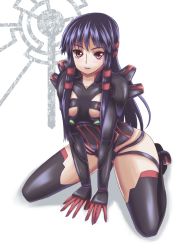 Rule 34 | 00s, 1girl, :d, akiyasu, ar tonelico, ar tonelico ii, arm support, armor, black hair, black thighhighs, breasts, clothing cutout, full body, gloves, gust, hair ornament, hairclip, jakuri (ar tonelico), kneeling, leaning forward, leotard, long hair, looking at viewer, open mouth, pauldrons, pink eyes, red eyes, shadow, shoulder armor, sidelocks, small breasts, smile, solo, spread legs, striped, thighhighs, touhuya, underboob, underboob cutout, v arms, vertical stripes, very long hair