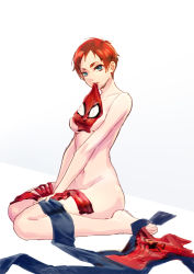 Rule 34 | 1girl, blue eyes, costume, highres, marvel, may parker, mayday parker, nude, red hair, short hair, solo, spider-girl, toraiaruka