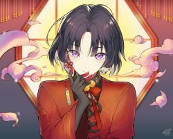 Rule 34 | 1boy, androgynous, bell, black gloves, black hair, closed mouth, earrings, finger cots, flower knot, gloves, highres, jewelry, jingle bell, lattice, long sleeves, looking at viewer, lumeru 33, male focus, neck bell, nil admirari no tenbin, purple eyes, rei sekka, short hair, slit pupils, smile, solo, upper body