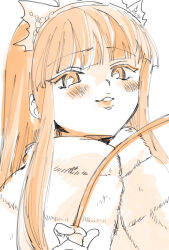 Rule 34 | 1girl, blunt bangs, blush stickers, cape, capelet, commentary request, fate/grand order, fate (series), fur-trimmed cape, fur capelet, fur trim, hime cut, long hair, looking at viewer, medb (fate), no+bi=, orange theme, simple background, solo, straight hair, tiara, upper body, white background