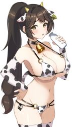 Rule 34 | 1girl, animal ears, animal print, bell, bikini, black choker, bottle, breasts, brown eyes, brown hair, choker, cow ears, cow horns, cow print, cow print bikini, cow tail, cowbell, cowboy shot, dolphin wave, ear tag, fake animal ears, fake horns, fake tail, high ponytail, highres, holding, holding bottle, horns, large breasts, long hair, milk bottle, mole, mole under mouth, navel, neck bell, print bikini, simple background, skindentation, surippa1010, swimsuit, tail, thighhighs, very long hair, white background, yamaba yume