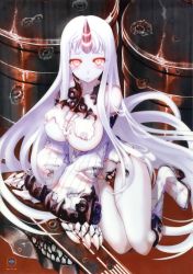 Rule 34 | 10s, 1girl, absurdres, abyssal ship, bare shoulders, black panties, boots, breasts, bullet hole, claws, colored skin, detached sleeves, dress, female focus, highres, horns, kantai collection, knee boots, large breasts, long hair, looking at viewer, machinery, nanao naru, pale skin, panties, ribbed dress, seaport princess, single horn, solo, torn clothes, torn panties, underwear, very long hair, white footwear, white skin