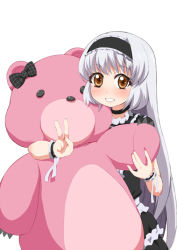 Rule 34 | 1girl, bad id, bad pixiv id, blush, bow, brown eyes, choker, cuffs, dress, ereraero, gothic lolita, hairband, lolita fashion, looking at viewer, parted lips, ribbon, silver hair, simple background, smile, solo, stuffed animal, stuffed toy, teddy bear, v, white background