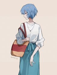 Rule 34 | 1girl, alternate costume, ayanami rei, bag, beige background, blouse, blue hair, blue skirt, collarbone, commentary, cowboy shot, cross, cross necklace, dango (uni 520), evangelion: 3.0+1.0 thrice upon a time, high-waist skirt, highres, holding, holding bag, jewelry, long skirt, looking away, looking to the side, necklace, neon genesis evangelion, patterned background, pink eyes, profile, rebuild of evangelion, shirt, short hair, shoulder bag, skirt, solo, standing, twitter username, white shirt