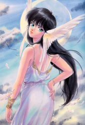 Rule 34 | 1980s (style), 1girl, ayukawa madoka, bird, blonde hair, bracelet, bracer, feathered wings, feathers, full moon, green eyes, hand on own hip, head wings, highres, japanese clothes, jewelry, kimagure orange road, long hair, looking at viewer, looking back, moon, official art, oldschool, painting (medium), retro artstyle, solo, strap slip, takada akemi, traditional media, twisted neck, watercolor (medium), wings