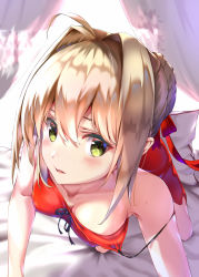 Rule 34 | 1girl, absurdres, ahoge, all fours, aotsuki kaoru, bed sheet, black ribbon, blonde hair, blush, braid, braided bun, breasts, cleavage, collarbone, dress, fate/extra, fate (series), green eyes, hair between eyes, hair bun, hair intakes, hair ribbon, highres, indoors, looking at viewer, looking to the side, lying, medium breasts, neck ribbon, nero claudius (fate), nero claudius (fate) (all), nero claudius (fate/extra), off shoulder, on back, open mouth, red dress, red ribbon, ribbon, short dress, short hair, sleeveless, sleeveless dress, solo