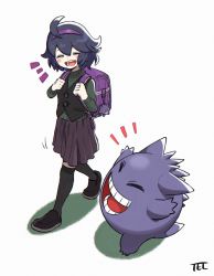 Rule 34 | 1girl, :d, aged down, ahoge, backpack, bag, black footwear, black hair, black vest, blush, closed eyes, commentary request, creatures (company), game freak, gen 1 pokemon, gengar, green sweater, hairband, happy, hex maniac (pokemon), highres, holding strap, kuronetel, medium hair, nintendo, notice lines, npc trainer, open mouth, over-kneehighs, pleated skirt, pokemon, pokemon (creature), pokemon xy, purple bag, purple hairband, purple skirt, randoseru, shoes, signature, skirt, smile, standing, sweater, teeth, thighhighs, tongue, vest, white background