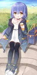 Rule 34 | 1girl, :d, bag, black choker, black footwear, black jacket, black thighhighs, blue hair, blush, brown eyes, choker, ciela (yuuhagi (amaretto-no-natsu)), criss-cross halter, cup, day, disposable cup, dress, drink, hair between eyes, halterneck, holding, holding cup, jacket, long hair, long sleeves, looking at viewer, open clothes, open jacket, open mouth, original, outdoors, shoes, sleeves past wrists, smile, solo, thighhighs, very long hair, white dress, yuuhagi (amaretto-no-natsu)