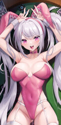 Rule 34 | 1girl, :d, alice (nikke), animal ears, armpits, arms up, blush, breasts, cameltoe, choker, cleavage, collarbone, covered navel, double v, fake animal ears, goddess of victory: nikke, grey hair, hair between eyes, highleg, highleg leotard, highres, large breasts, leotard, long hair, lying, o-yatsu, on back, open mouth, pink eyes, pink leotard, playboy bunny, rabbit ears, sidelocks, smile, solo, strapless, strapless leotard, twintails, v