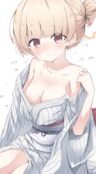 Rule 34 | 1girl, absurdres, bare shoulders, blonde hair, blue archive, blush, breasts, cleavage, closed mouth, collarbone, commentary request, hair bun, halo, haru haruru515, highres, japanese clothes, kimono, looking at viewer, medium breasts, nodoka (blue archive), nodoka (hot spring) (blue archive), obi, official alternate costume, orange halo, red eyes, sash, short hair, single hair bun, smile, solo, striped clothes, striped kimono, sweat, thighs, vertical-striped clothes, vertical-striped kimono, white kimono