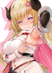Rule 34 | 1girl, animal ears, arm behind head, armpits, bare shoulders, blonde hair, blush, bow, bowtie, breasts, brooch, cape, closed mouth, covered erect nipples, detached sleeves, dress, fur-trimmed cape, fur-trimmed dress, fur-trimmed sleeves, fur trim, hair ornament, hairclip, half-closed eyes, hololive, horns, hoshara, jewelry, large breasts, long hair, looking at viewer, purple eyes, ribbed sleeves, sheep ears, sheep girl, sheep horns, sleeveless, sleeveless dress, smile, solo, steam, sweat, tail, tsunomaki watame, tsunomaki watame (1st costume), two-sided cape, two-sided fabric, very long hair, virtual youtuber, white dress