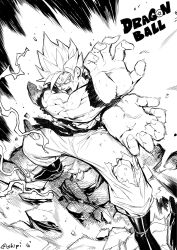 Rule 34 | 1boy, artist name, chinese commentary, commentary request, copyright name, dragon ball, fighting stance, full body, highres, kamehameha (dragon ball), lightning, looking ahead, monochrome, open mouth, outstretched arms, shipl, solo, son goku, tagme, toriyama akira (character)