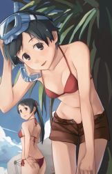 Rule 34 | 10s, 2girls, adjusting clothes, adjusting swimsuit, ass, bad id, bad pixiv id, bikini, bikini under clothes, black eyes, black hair, blue sky, breasts, brown footwear, cloud, cowboy shot, day, denim, denim shorts, diving mask, flat ass, goggles, goggles on head, hair ribbon, halterneck, halterneck, kantai collection, leaf, leaning forward, long hair, looking at viewer, looking down, makio (makiomeigenbot), mikuma (kancolle), mogami (kancolle), multiple girls, navel, open fly, outdoors, red bikini, ribbon, shoes, short hair, short shorts, shorts, side-tie bikini bottom, sky, small breasts, snorkel, standing, surfboard, swimsuit, swimsuit under clothes, twintails, unbuttoned, unzipped