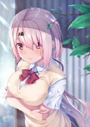 Rule 34 | 1girl, blurry, bow, bowtie, breast hold, breasts, brown vest, buttons, collared shirt, depth of field, gradient hair, hair between eyes, hair ornament, hairclip, highres, large breasts, leaf, long hair, looking at viewer, low ponytail, multicolored hair, nijisanji, parted lips, plaid, plaid skirt, rain, red bow, red bowtie, red eyes, school uniform, shiina yuika, shirt, short sleeves, sidelocks, skirt, solo, upper body, vest, virtual youtuber, water, wet, white hair, white shirt, yuuri nayuta