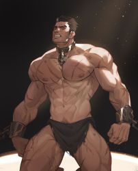 Rule 34 | 1boy, abs, absurdres, amo (amo9612), bara, beard, brown hair, clenched teeth, collar, cross scar, cuffs, darius (league of legends), eyebrow cut, facial hair, feet out of frame, handcuffs, highres, kneeling, large pectorals, league of legends, loincloth, looking at viewer, male focus, male pubic hair, mature male, metal collar, multicolored hair, muscular, muscular male, navel, nipples, paid reward available, pectorals, pubic hair, pubic hair peek, restrained, paid reward available, scar, scar across eye, scar on arm, scar on chest, scar on face, scar on leg, short hair, sideburns, solo, stomach, streaked hair, stubble, teeth, thick eyebrows, thick thighs, thighs, topless male, white hair