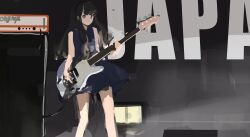 Rule 34 | 1girl, absurdres, bare shoulders, black eyes, black hair, black hairband, blue dress, character request, closed mouth, copyright request, dress, guitar, hairband, highres, holding guitar, holding instrument, instrument, long hair, music, orval, playing guitar, playing instrument, sleeveless, sleeveless dress, solo
