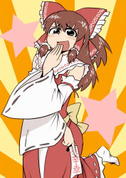 Rule 34 | 1girl, bow, brown eyes, brown hair, detached sleeves, hair bow, hair tubes, hakurei reimu, hand to own mouth, leg up, nicetack, ofuda, open mouth, ribbon-trimmed sleeves, ribbon trim, smile, solo, touhou, wide sleeves
