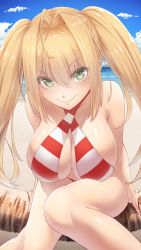 Rule 34 | 10s, 1girl, ahoge, arm support, bare shoulders, beach, bead bracelet, beads, bikini, blonde hair, blue sky, blush, bracelet, breasts, cleavage, collarbone, commentary request, covered erect nipples, criss-cross halter, day, earrings, eyes visible through hair, fate/extra, fate/grand order, fate (series), green eyes, hair intakes, halterneck, in tree, jewelry, large breasts, leaning forward, long hair, looking at viewer, nero claudius (fate), nero claudius (fate) (all), nero claudius (swimsuit caster) (fate), ocean, outdoors, palm tree, red bikini, sand, shore, side-tie bikini bottom, sitting, sitting in tree, sky, smile, solo, striped bikini, striped clothes, swimsuit, thighs, tree, twintails, urigarasu, water