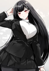 Rule 34 | 1girl, absurdres, black hair, black jacket, black skirt, blazer, blue archive, breasts, bright pupils, commentary, hair ornament, hairclip, highres, jacket, large breasts, long hair, long sleeves, looking at viewer, no halo, pleated skirt, red eyes, rio (blue archive), skirt, solo, sweater, turtleneck, turtleneck sweater, urabanasimati, white pupils, white sweater