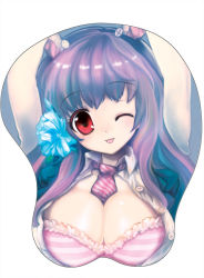 Rule 34 | 1girl, :p, ;p, animal ears, bad id, bad pixiv id, between breasts, blush, bra, breast mousepad, breasts, cleavage, female focus, flower, hair flower, hair ornament, head tilt, itou life, large breasts, lingerie, looking at viewer, mousepad, mousepad (medium), necktie, one eye closed, open clothes, open shirt, purple necktie, rabbit ears, reisen udongein inaba, shirt, solo, striped bra, striped clothes, striped necktie, striped neckwear, tareme, tongue, tongue out, touhou, underwear, wink