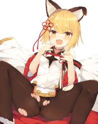 Rule 34 | 1girl, animal ears, bare shoulders, blonde hair, blush, breasts, brown pantyhose, cameltoe, choker, commentary request, fang, feet out of frame, granblue fantasy, hands up, highres, nibiiro shizuka, open mouth, orange eyes, pantyhose, short eyebrows, short hair, simple background, sitting, small breasts, solo, spread legs, sweatdrop, thick eyebrows, torn clothes, torn pantyhose, vajra (granblue fantasy), white background