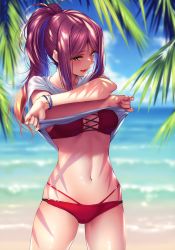 Rule 34 | 1girl, absurdres, beach, bikini, blurry, blurry background, bracelet, breasts, brown eyes, cowboy shot, day, hanikami kanojo, highres, jewelry, lifted by self, long hair, looking at viewer, medium breasts, multi-strapped bikini, myouga satsuki, navel, ocean, outdoors, palm leaf, pink hair, piromizu, red bikini, scan, shiny skin, shirt, short sleeves, smile, solo, stomach, swimsuit, t-shirt, thighs, water