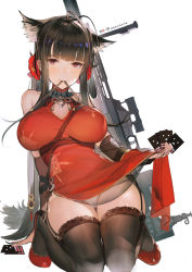 Rule 34 | 1girl, ahoge, animal ears, antenna hair, anti-materiel rifle, arm support, bare shoulders, black panties, blast compensator, blunt bangs, blush, bolt-action rifle, bolt action, breasts, bridal gauntlets, brown hair, brown thighhighs, bullpup, card, cat ears, character name, china dress, chinese clothes, closed mouth, clothes in mouth, clothes lift, collarbone, commentary request, compensator, dress, dress in mouth, dress lift, dsr-50, dsr-50 (girls&#039; frontline), dsr-50 (red peony) (girls&#039; frontline), elbow gloves, flower, folding fan, garter straps, girls&#039; frontline, gloves, groin, gun, hair flower, hair ornament, half-closed eyes, hand fan, head tilt, holding, holding card, holding clothes, holding dress, kneeling, lace, large breasts, liduke, light particles, long hair, looking at viewer, muzzle device, official alternate costume, panties, pantyshot, red dress, red eyes, red footwear, rifle, shoes, side-tie panties, side slit, sidelocks, simple background, sitting, smile, sniper rifle, solo, strap, studs, suppressor, thighhighs, thighs, underwear, weapon, white background, white panties
