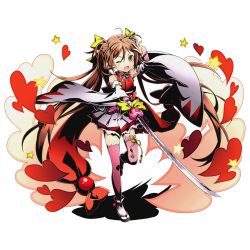 Rule 34 | 10s, 1girl, aihara enju, arm up, black bullet, bow, brown eyes, brown hair, detached sleeves, divine gate, dress, full body, hair bow, leg up, long hair, looking at viewer, neck ribbon, official art, one eye closed, open mouth, pink socks, pleated dress, red ribbon, ribbon, socks, socks over thighhighs, solo, thighhighs, transparent background, twintails, ucmm, very long hair, white ribbon, white socks, yellow bow, yellow ribbon
