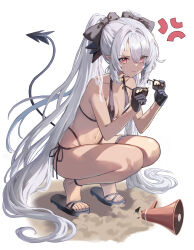 Rule 34 | 1girl, absurdres, anger vein, bare arms, bare legs, bare shoulders, bikini, black bikini, black gloves, black tail, blue archive, blush, breasts, closed mouth, collarbone, dark-skinned female, dark skin, demon tail, feet, full body, gloves, greenapple, grey hair, hair between eyes, highres, holding, holding removed eyewear, iori (blue archive), iori (swimsuit) (blue archive), legs, long hair, navel, no halo, official alternate costume, pointy ears, red eyes, sandals, simple background, small breasts, solo, squatting, sunglasses, swimsuit, tail, toenails, toes, unworn eyewear, white background