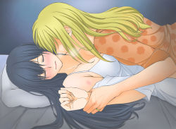 Rule 34 | 2girls, absurdres, aihara mei, aihara yuzu, arm grab, bed, black hair, blonde hair, breasts, citrus (saburouta), closed eyes, commentary, engagement ring, girl on top, highres, holding another&#039;s wrist, inseki, jewelry, kiss, kissing neck, long hair, lying, medium breasts, multiple girls, nattha, on back, pillow, ring, step-siblings, wife and wife, yuri