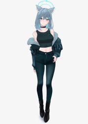 Rule 34 | 1girl,  background, animal ear fluff, animal ears, black pants, black tank top, blue archive, blue eyes, blue jacket, choker, clothes around waist, denim, earrings, full body, grey background, grey hair, hair ornament, hairclip, halo, highres, jacket, jacket around waist, jeans, jewelry, kazane-wind, looking at viewer, medium hair, midriff, mismatched pupils, navel, pants, shiroko (blue archive), simple background, sky, solo, tank top