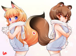 Rule 34 | 2girls, :d, animal ears, artist name, backless dress, backless outfit, blonde hair, blue eyes, blush, breasts, breath, brown eyes, brown hair, cold, cowboy shot, dress, fang, fox ears, fox tail, gloves, halterneck, large breasts, lee (colt), long hair, looking at viewer, meme attire, multiple girls, naked sweater, open mouth, original, raccoon ears, raccoon tail, runny nose, scarf, short eyebrows, short hair, sideboob, simple background, slit pupils, smile, snot, sweater, sweater dress, tail, thighhighs, trembling, virgin killer sweater, white gloves, white legwear, zettai ryouiki
