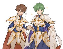 Rule 34 | 2boys, armor, brown eyes, brown hair, cape, ced (fire emblem), commentary, cuirass, excited, faulds, fire emblem, fire emblem: thracia 776, green eyes, green hair, highres, julianlynnnn, leif (fire emblem), male focus, multiple boys, nintendo, open mouth, red cape, short hair, shoulder armor, simple background, smile, sparkle, symbol-only commentary, teeth, two-tone cape, upper teeth only, white background, white cape