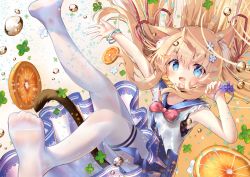 Rule 34 | 1girl, animal ear fluff, animal ears, arm up, blonde hair, blue bow, blue eyes, blue sailor collar, bow, cat ears, cat girl, cat tail, commentary request, flower, food, fruit, hair between eyes, hair flower, hair ornament, hair ribbon, hand up, leg up, moneko-chan, no shoes, orange (fruit), orange slice, original, outstretched arm, pantyhose, pink bow, pleated skirt, purple flower, red ribbon, ribbon, sailor collar, shirt, siera (sieracitrus), skirt, soles, solo, tail, water drop, white flower, white pantyhose, white shirt, white skirt