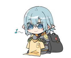 Rule 34 | 1boy, armor, backpack, bag, blue eyes, blue hair, chainmail, chibi, chibi only, earclip, elbow gloves, elezen, elf, final fantasy, final fantasy xiv, full body, gloves, green gloves, haurchefant greystone, highres, holding, holding clothes, holding shirt, looking down, male focus, musical note, no nose, pauldrons, pointy ears, sakuxxx0ra, seiza, shirt, short hair, shoulder armor, simple background, sitting, smile, solo, t-shirt, white background, yellow shirt