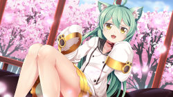 Rule 34 | 1girl, :d, ahoge, akashi (azur lane), animal ears, azur lane, cat ears, cherry blossoms, commentary, commission, day, dress, fang, green hair, hair between eyes, highres, long hair, looking at viewer, open mouth, outdoors, petals, sailor dress, sleeves past wrists, smile, solo, yasume yukito, yellow eyes