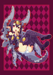 Rule 34 | 1girl, absurdres, bell, bell earrings, blush stickers, boots, choker, desco (disgaea), detached sleeves, disgaea, earrings, eating, fang, food, highres, horns, jewelry, jingle bell, kikimi, looking at viewer, makai senki disgaea 4, monster girl, oni horns, open mouth, panties, pointy ears, purple hair, red eyes, solo, taiyaki, thigh boots, thighhighs, underwear, wagashi, white panties