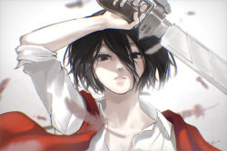 Rule 34 | 1girl, arm up, black eyes, black hair, blurry, collarbone, eigh, feathers, hair between eyes, holding, holding weapon, looking at viewer, mikasa ackerman, nail polish, parted lips, portrait, red scarf, scarf, shingeki no kyojin, short hair, solo, three-dimensional maneuver gear, weapon, white background