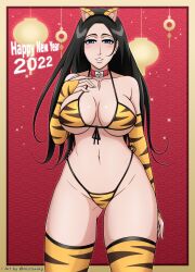 Rule 34 | 1girl, 2022, absurdres, animal ears, animal print, bikini, black hair, bleach, blue eyes, blush, breasts, chinese zodiac, cleavage, collar, elbow gloves, fake animal ears, gloves, highres, large breasts, long hair, mistowing, navel, smile, solo, swimsuit, thighhighs, tiger ears, tiger print, tiger print bikini, tiger print gloves, tiger print thighhighs, unohana retsu, year of the tiger