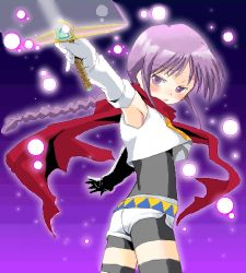 Rule 34 | 1boy, angelous lazward, braid, looking back, lowres, male focus, oekaki, original, outstretched arms, pointing, purple hair, scarf, solo, sovereign (yagisaka seto), spread arms, sword, thighhighs, trap, weapon, yagisaka seto