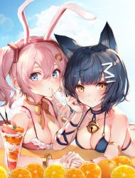 Rule 34 | 2girls, animal ears, armlet, bell, bikini, bikini top only, black bikini, black hair, blue eyes, blue sky, blush, bracelet, breasts, butt crack, cat ears, choker, cleavage, collar, day, fake animal ears, finger to mouth, hair ornament, hairband, head rest, highres, holding hands, index finger raised, jewelry, large breasts, lens flare, looking at viewer, medium breasts, multiple girls, neck bell, original, outdoors, parfait, pink hair, rabbit ears, red bikini, red hairband, ribbon, ribbon choker, short hair, sideboob, sky, smile, swimsuit, twintails, upper body, watao, yellow eyes, yellow ribbon