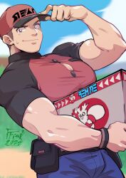 Rule 34 | 1boy, arm up, biceps, black bag, blue pants, blurry, blurry background, box, brown hair, buttons, character print, closed mouth, cloud, commentary, courier (pokemon), creatures (company), day, delibird, game freak, gen 2 pokemon, grey eyes, hat, highres, holding, holding box, impetuss, male focus, muscular, muscular male, nintendo, outdoors, pants, pectorals, pokemon, pokemon sv, red hat, shirt, short hair, short sleeves, sky, smile, solo, sweatdrop, wristband