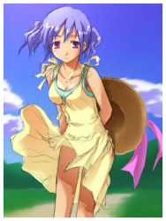 Rule 34 | 1girl, arms behind back, blue hair, day, dress, original, outdoors, purple eyes, solo, sundress, wind, wind lift, yellow dress