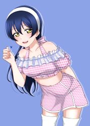 Rule 34 | 1girl, bare shoulders, blue hair, highres, long hair, looking at viewer, love live!, love live! school idol project, noochan chonoda, open mouth, simple background, solo, sonoda umi, yellow eyes
