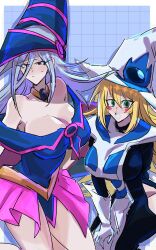 2girls :d absurdres bare_shoulders bibiri_(r42r98r) blonde_hair blue_dress blue_hat blush_stickers breasts cleavage closed_mouth cosplay costume_switch dark_magician_girl dark_magician_girl_(cosplay) dress duel_monster gloves green_eyes grey_hair hair_between_eyes hat highres hip_vent large_breasts long_hair looking_at_viewer multiple_girls open_mouth pink_skirt robe silent_magician silent_magician_(cosplay) skirt smile sweatdrop white_gloves white_hat white_robe wizard_hat yu-gi-oh!