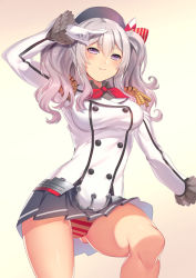 Rule 34 | 10s, 1girl, breasts, cowboy shot, epaulettes, female focus, kantai collection, kashima (kancolle), leg lift, looking at viewer, panties, pleated skirt, purple eyes, salute, silver hair, simple background, skirt, smile, solo, striped clothes, striped panties, thighs, twintails, underwear, wavy hair, yoshimoto (dear life)
