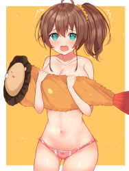 Rule 34 | ahoge, bare arms, bare legs, bare shoulders, bow, bow panties, breasts, brown hair, collarbone, commentary request, covering breasts, covering privates, cowboy shot, ebi frion (natsuiro matsuri), embarrassed, green eyes, hair ornament, hair scrunchie, highres, hololive, lace, lace-trimmed panties, lace trim, medium breasts, mi taro333, natsuiro matsuri, navel, open mouth, orange scrunchie, panties, pink panties, scrunchie, side ponytail, sidelocks, standing, stomach, tearing up, thigh gap, topless, underwear, underwear only, virtual youtuber
